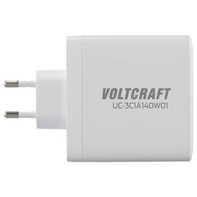 A white charger with the inscription 'VOLTCRAFT UC-3C1A140W01' on the side. It has a European plug.