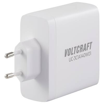 White USB charger by Voltcraft with European plug, model number 'UC-3C1A140W01'.