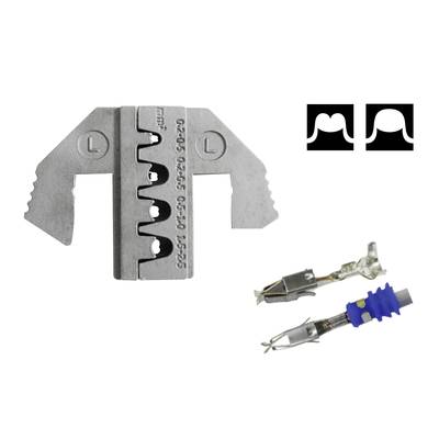 A crimping tool with multiple notches for cable processing, alongside two crimp connectors and symbols of two profile views.