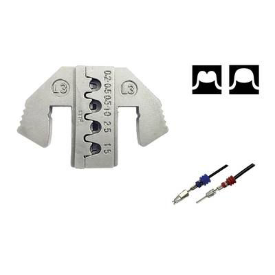 Metal tool for crimping cables, alongside black and white symbols for L-shapes and below two cables with red and blue connectors.