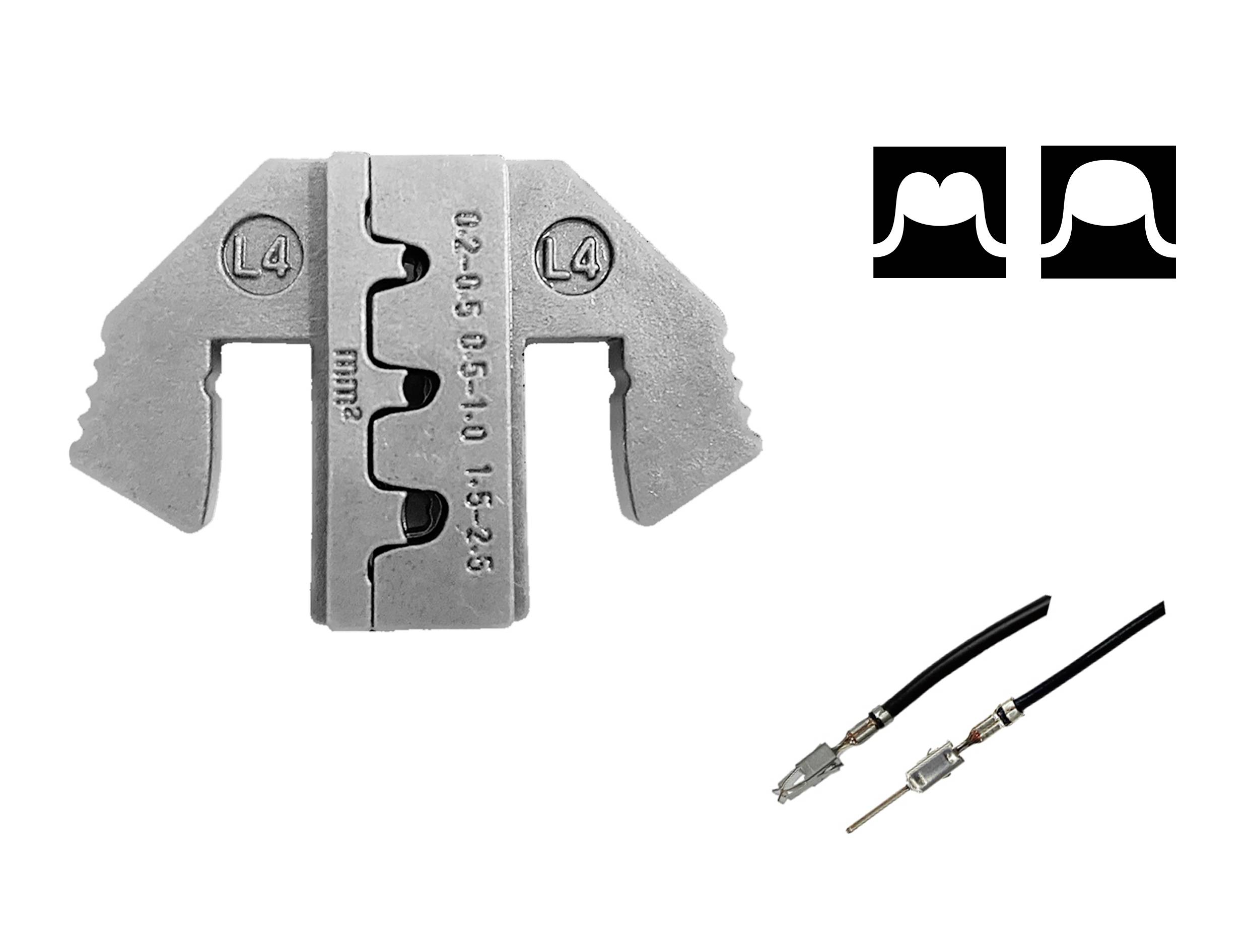 A cable cutter with various size markings ('0.2-0.5', '0.5-10', '15-25') and two cables with metal plugs.