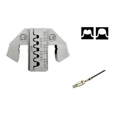 Cable lug crimper and compression connectors with two attachments, next to a crimped plug with cable.