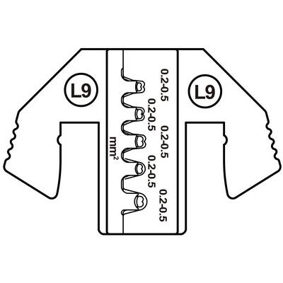 Illustration of a crimping tool for cables. The tool shows size markings for cables with a cross-section of 0.2-0.5 mm².