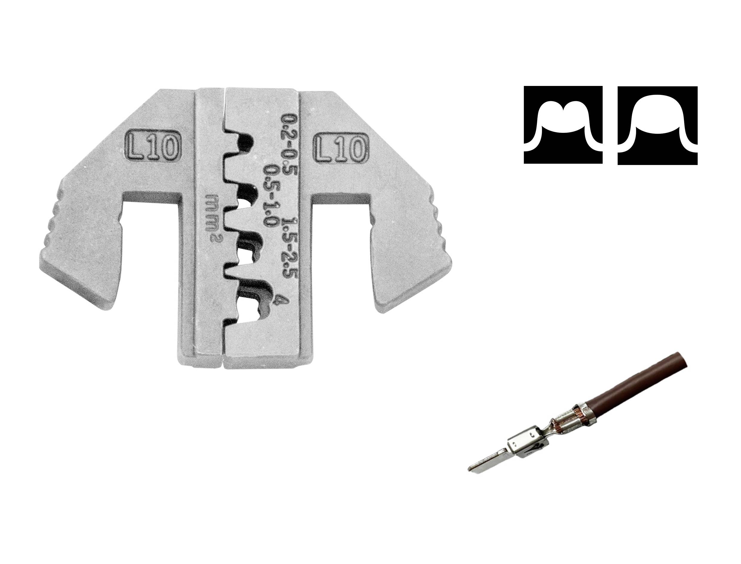 A metallic tool for stripping cable insulation; beside it two symbols for plug and socket, as well as a cable with a connection.