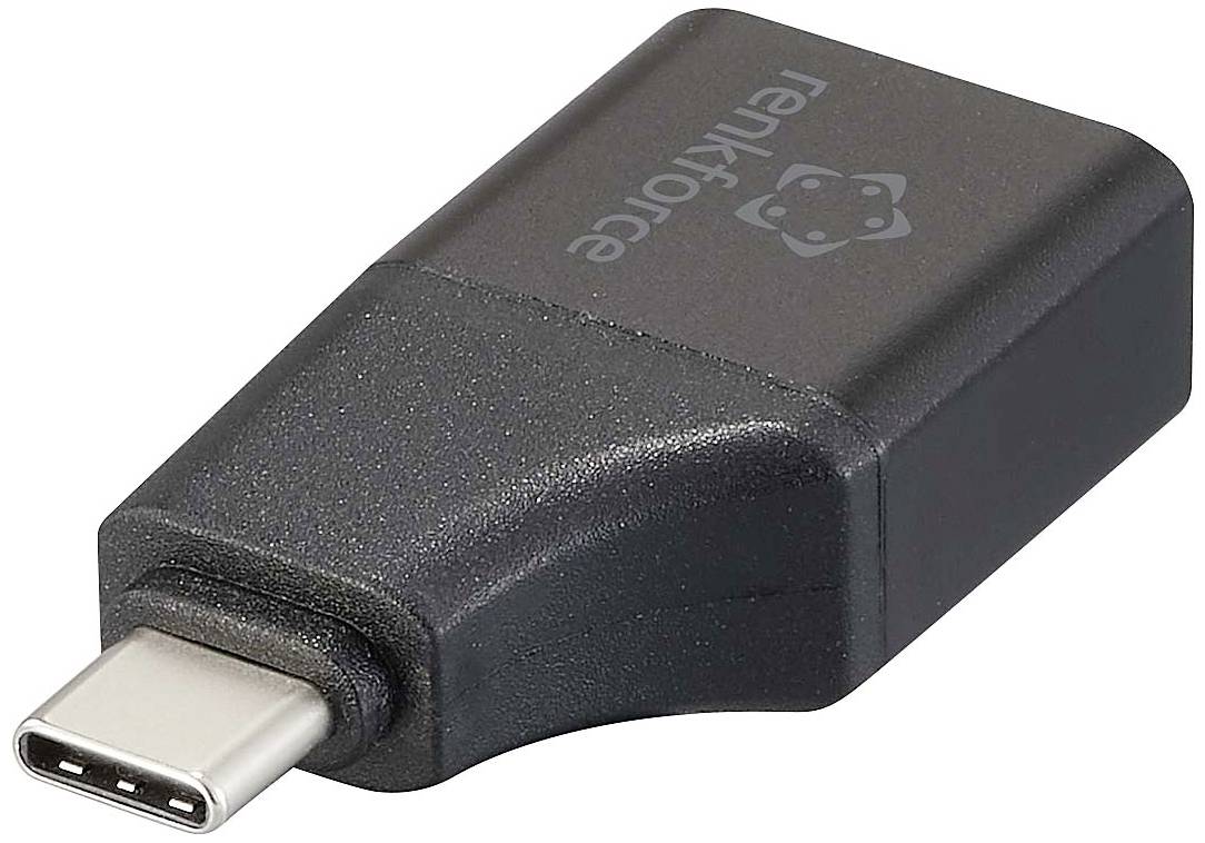 A black USB-C adapter with the 'renkforce' inscription shows a USB-C port for connecting electronic devices.