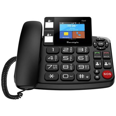 Black landline telephone with large buttons, screen displays the time '10:06' and menu items 'Messages' and 'Telephone'.