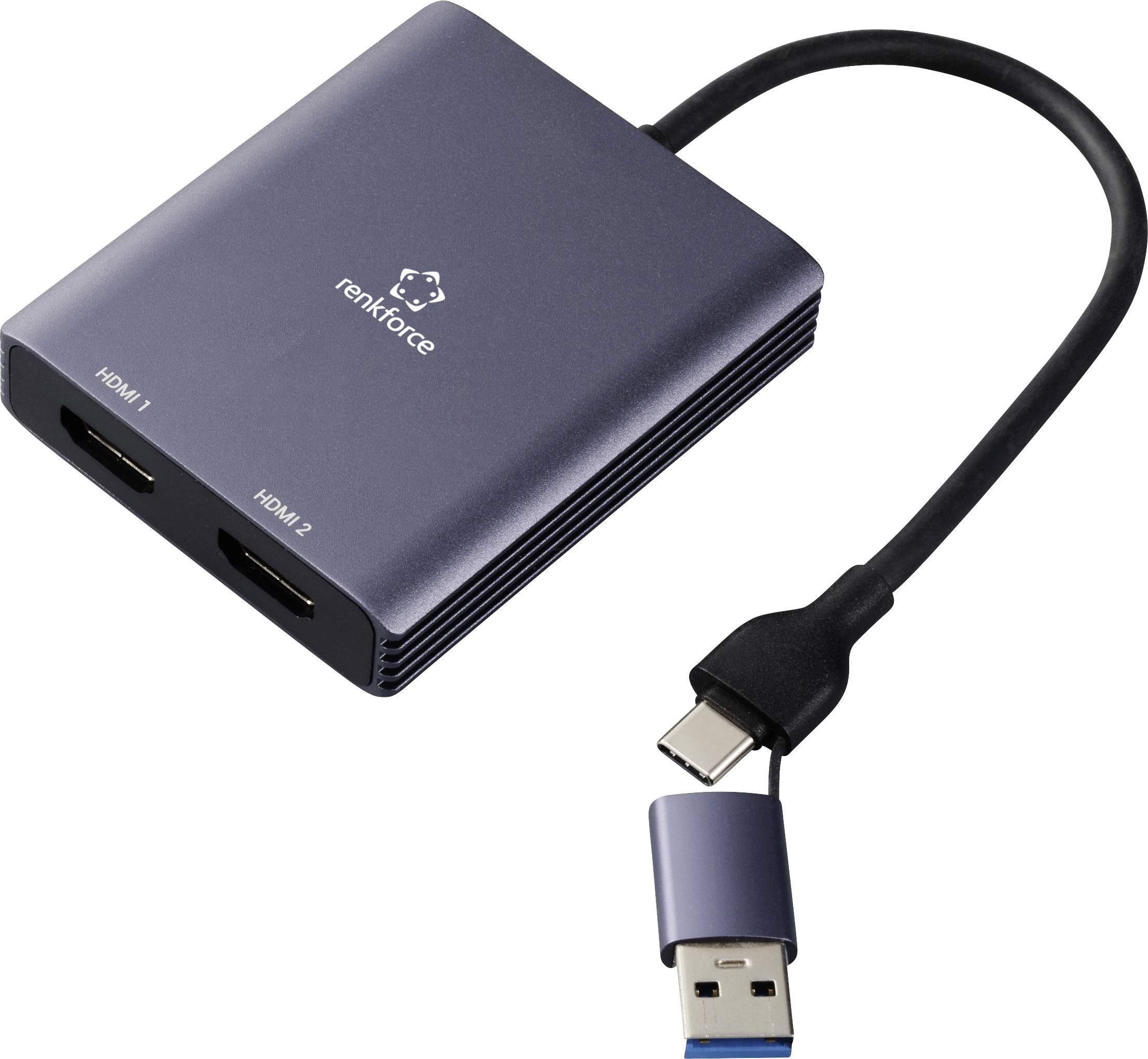 Renkforce RF-6418198 USB-C® / HDMI Adapter [1x USB-A, USB-C® - 2x HDMI®] Grey 4K UHD 15 cm