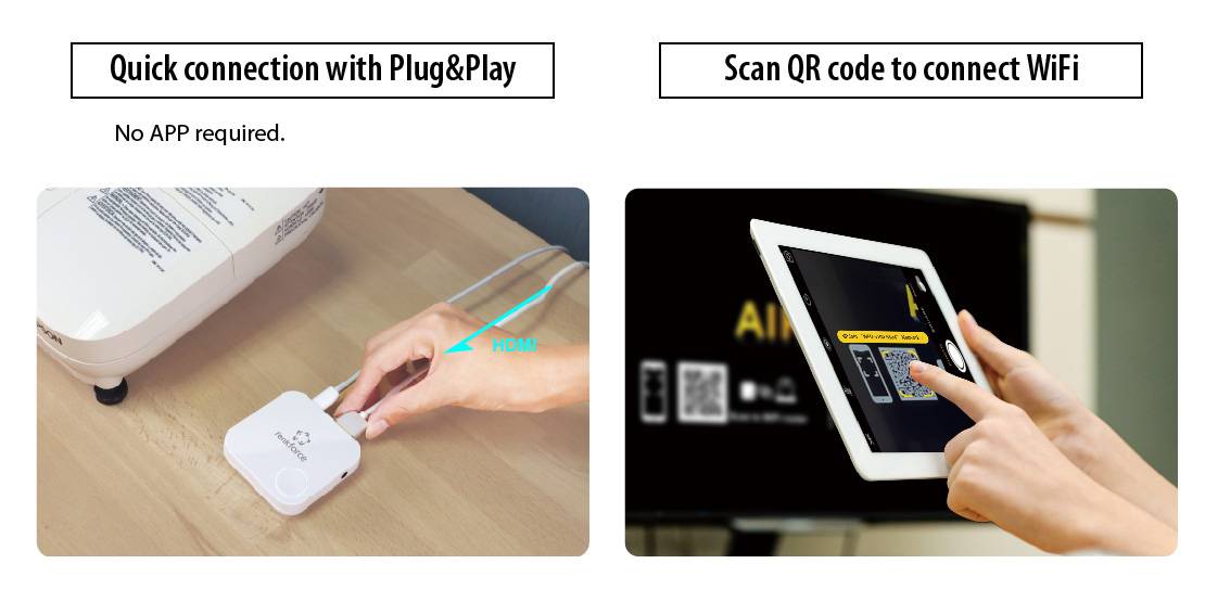 'Links: Set up via Plug & Play without an app. Right: Scan QR code on tablet to connect to Wi-Fi.'
