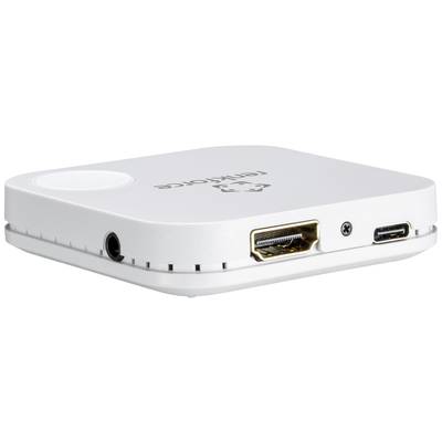 Small, white electronic device with HDMI and USB-C ports, likely a media connection adapter.