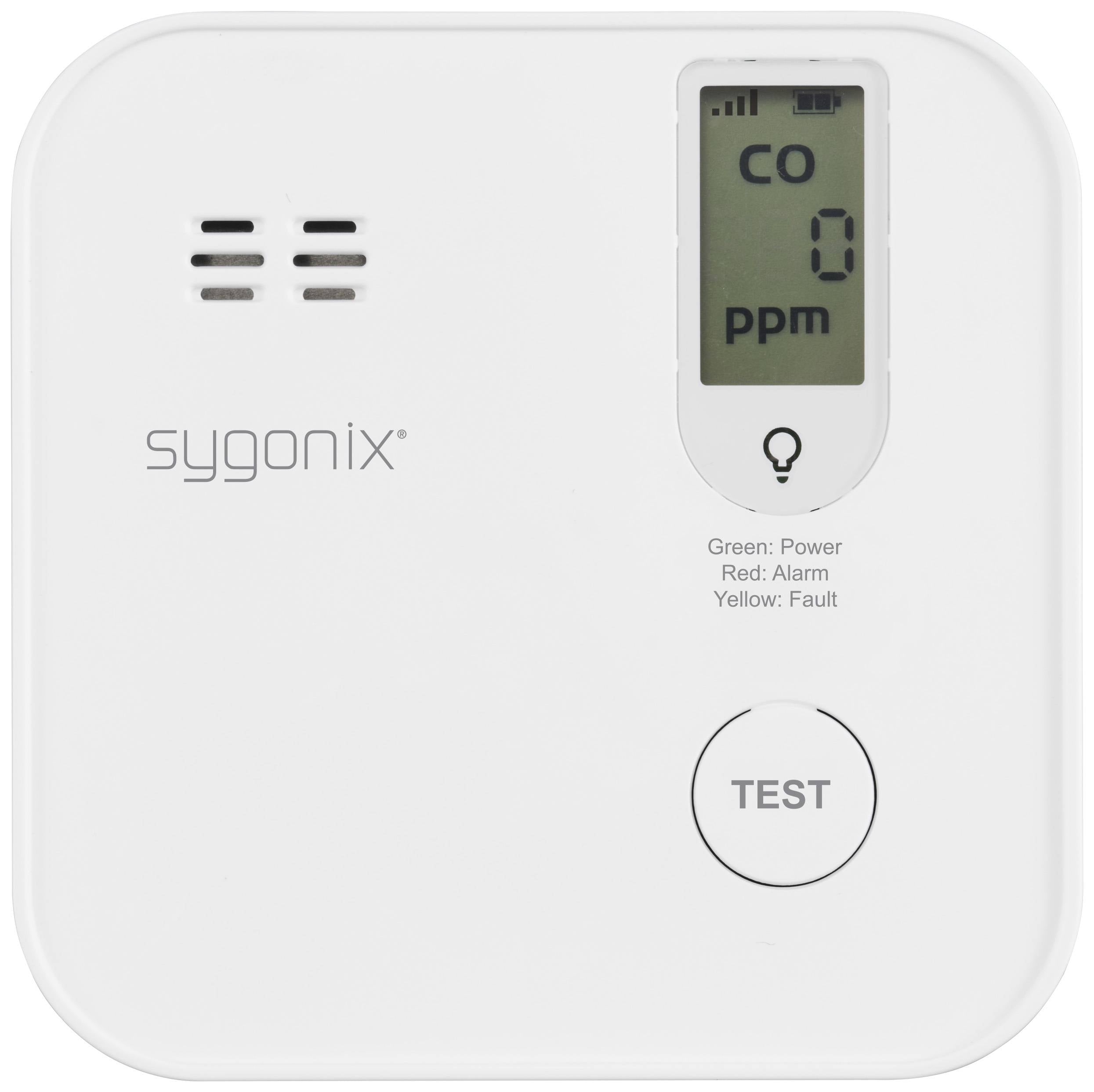 A carbon monoxide detector is displaying '0 ppm' on the screen. Test function buttons are present.