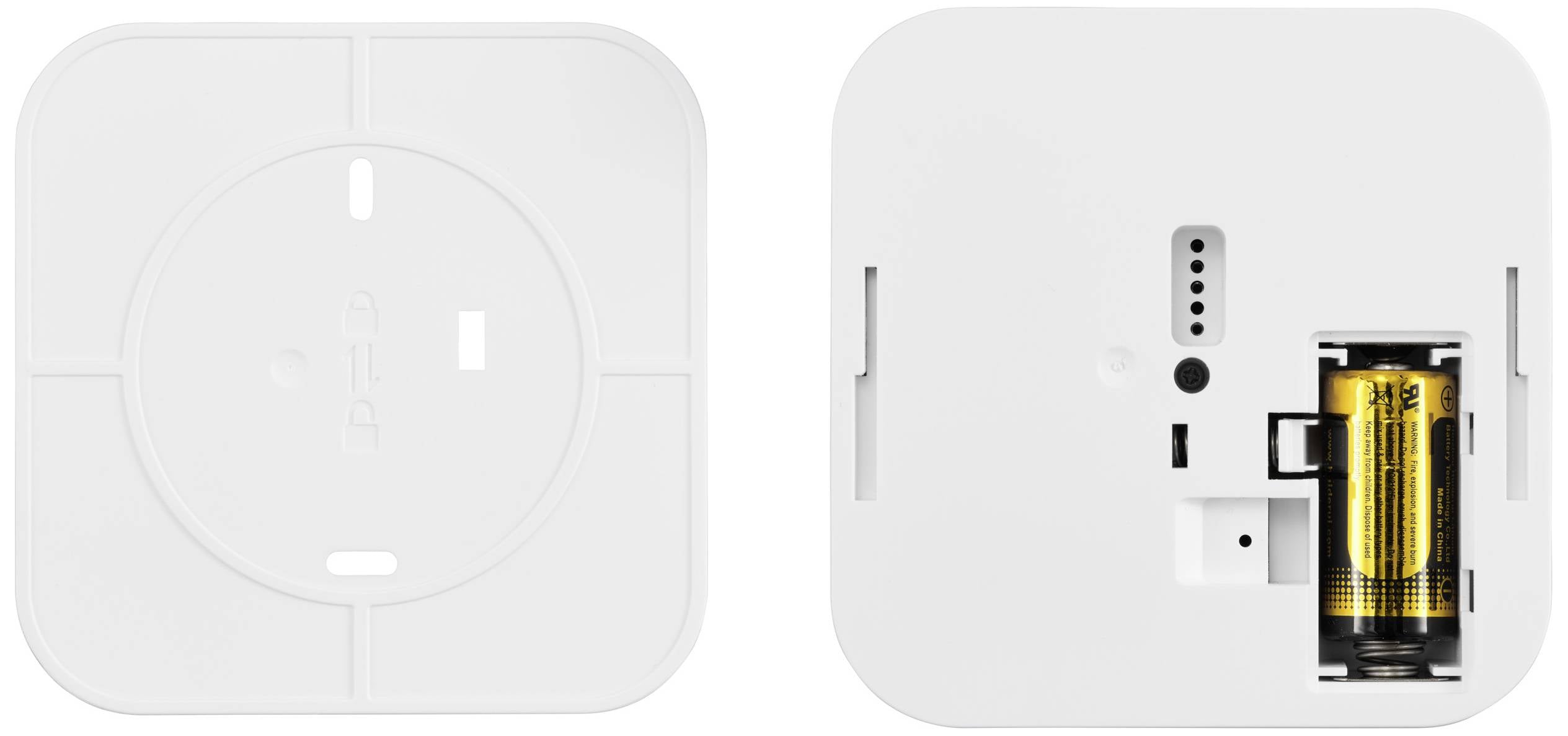 The left image shows a rear view of a white square device with round cutouts; on the right, a battery is visible in a compartment.