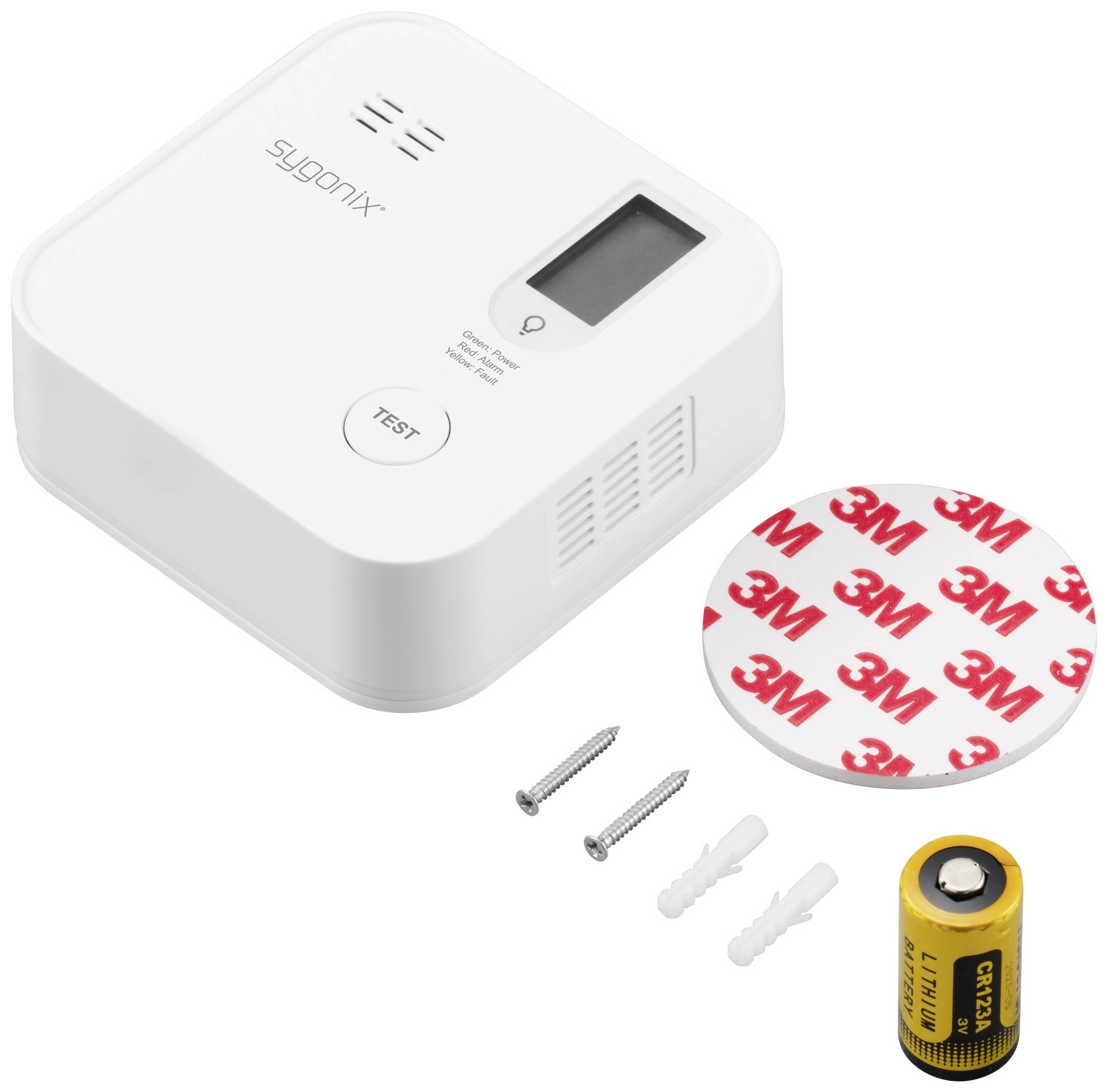 Carbon monoxide detector with digital display and test button, including mounting hardware and battery, for monitoring CO concentration.