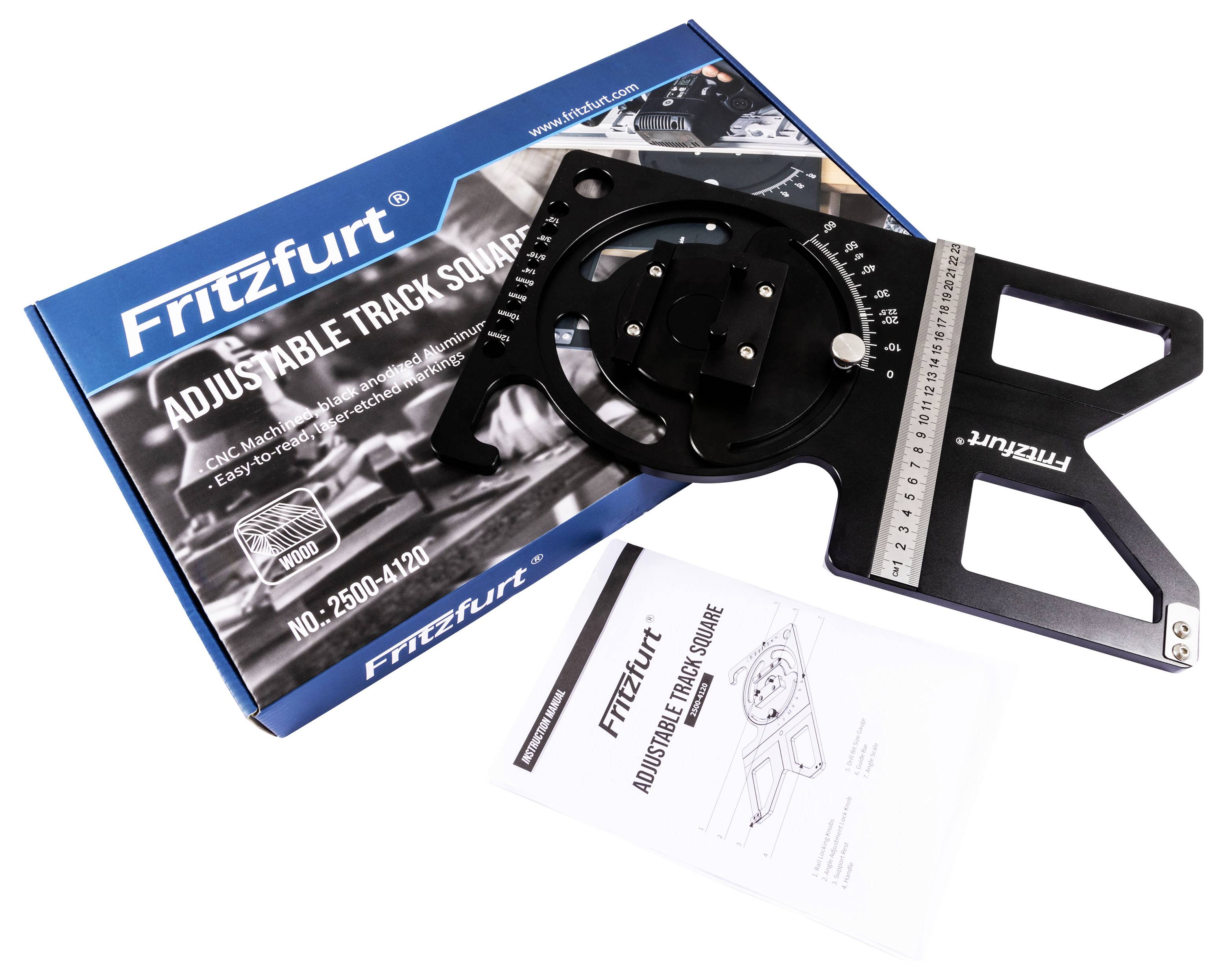Fritzfurt adjustable track square tool on its box with instruction sheet, showing a black metal measuring guide used for accurate layout work.