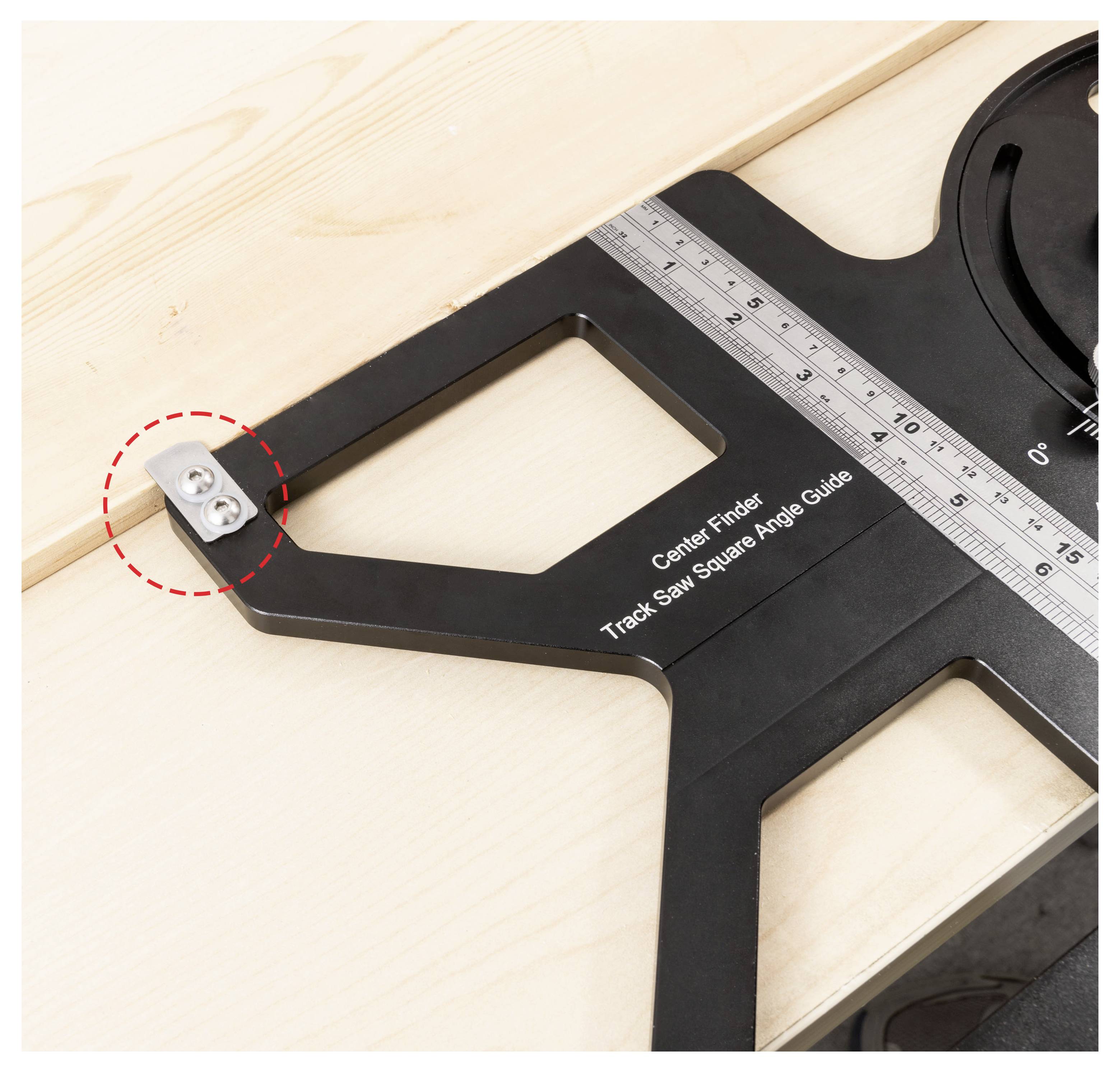Close-up of a track saw square angle guide on wood, with the center finder marked by a red dashed circle.<br>