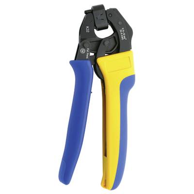 Wire stripping tool with blue and yellow handle and black head, used for stripping cable insulation.