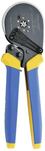 Metal crimping tool with blue and yellow handles, suitable for electrical connections.