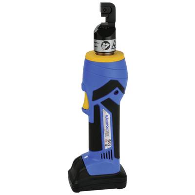 Electric tool for crimping cable connections. Compact design, blue with yellow accents, suitable for professional applications.