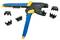 A wire crimping tool with blue and yellow handles, shown with multiple interchangeable crimping heads placed nearby.