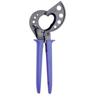 A blue cable cutter with a curved, serrated cutting blade and ergonomic handles, suitable for cutting through thick cables.