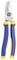 A blue and yellow, handheld wire cutters with sharp steel blades, suitable for cutting electrical cables.