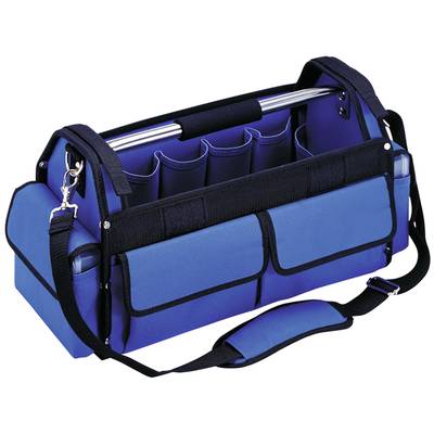 A blue tool bag with multiple exterior pockets and a shoulder strap, suitable for storing and transporting tools.