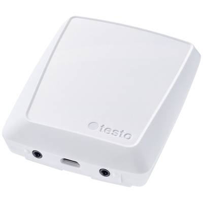 White electronic device with 'testo' printed on it. It has multiple ports on the underside.