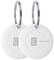 Two white, round Bluetooth trackers by Cellularline with silver key rings, suitable for locating items.