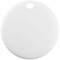 A round, white disc with a hole at the top; possibly a keyring or a pendant.