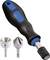 A screwdriver with a black handle and blue accents, alongside two interchangeable bits: one conical and one cylindrical.
