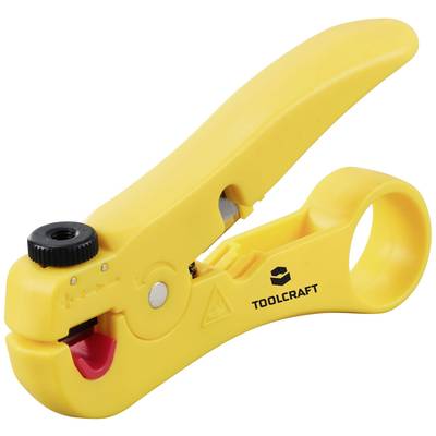 A yellow wire stripping tool from the brand 'Toolcraft', used for removing insulation from cables.