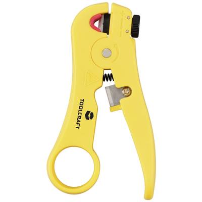 Yellow cable stripping tool with an ergonomic handle and blades, suitable for precise cable stripping.