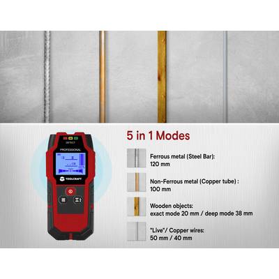 A digital measuring device for detecting objects within walls. Displays five modes: Steel, Copper, Wood, Precise Depth, Live Cable.