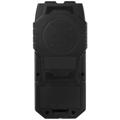 Black battery-powered sensor device, vertical view, with textured surfaces and raised details.