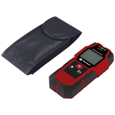 Electronic detector with a red housing next to a black carry case. Used for locating electrical cables or metal.