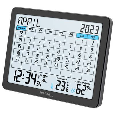 Calendar and clock on a display for April 2023, showing days of the week, date, time 12:34, temperature 23.6°C, humidity 62%.