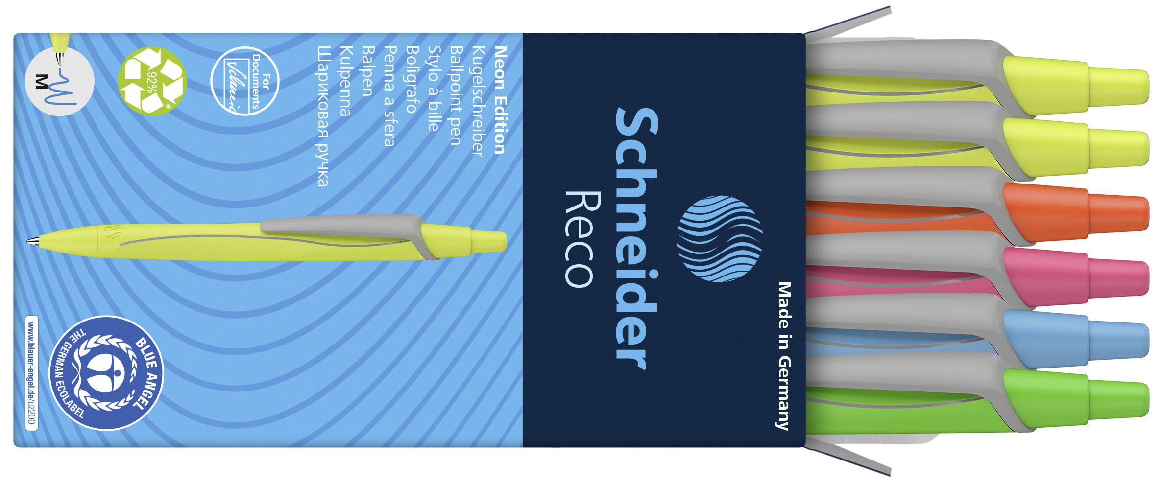 Packaging of Schneider Reco ballpoint pens in neon colours: green, orange, pink, blue, yellow. 'Made in Germany' is printed on the packaging.