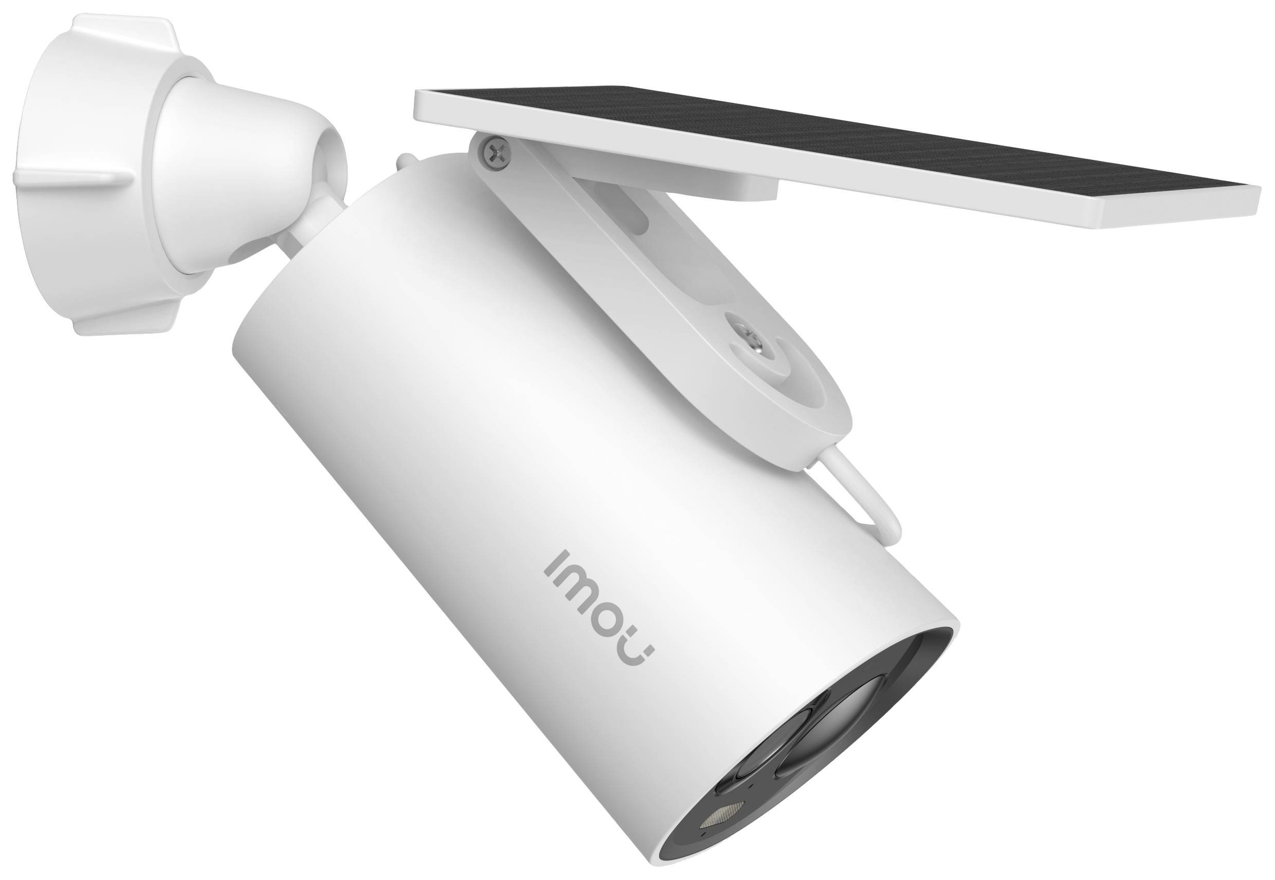 The image shows a white security camera with a solar panel. It is mounted on a wall bracket and suitable for outdoor surveillance.