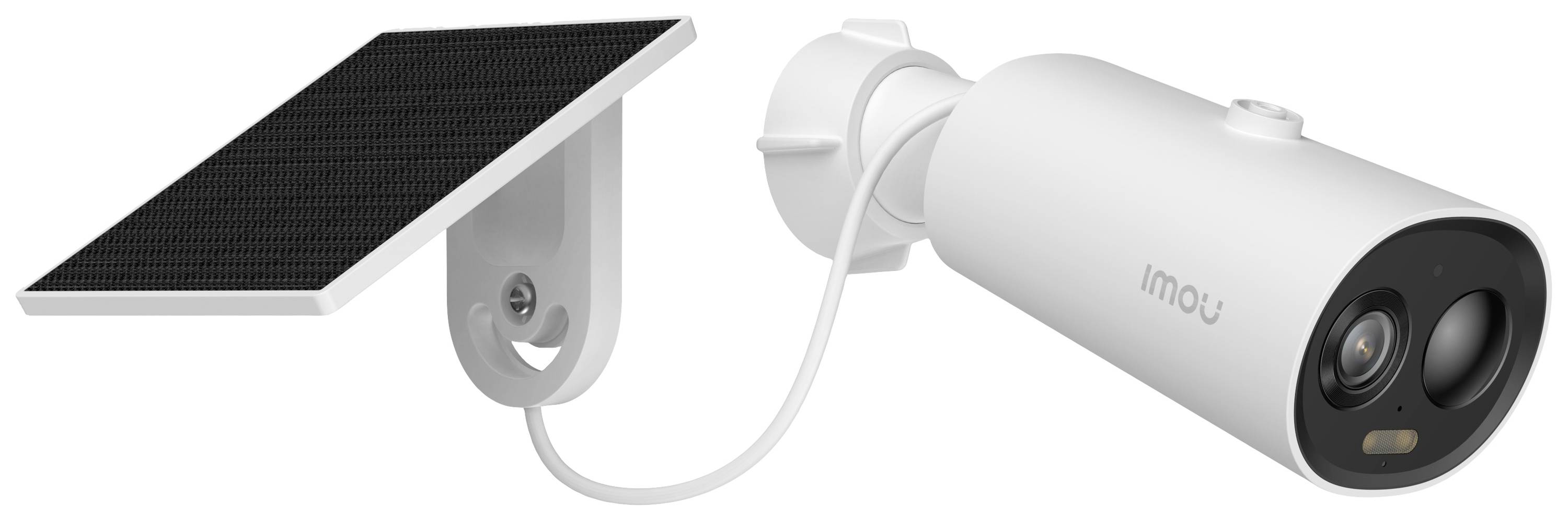 White surveillance camera with solar panel, suitable for outdoor use with sustainable power supply.