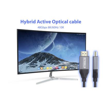 A curved monitor displays a space scene. Beside it is a 'Hybrid Active Optical Cable' with an HDMI connection for 8K/60Hz.