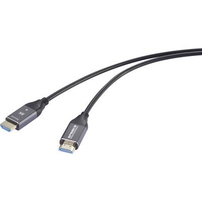 A black HDMI cable with two connectors, featuring a male HDMI plug and a female socket. Suitable for video transmission.