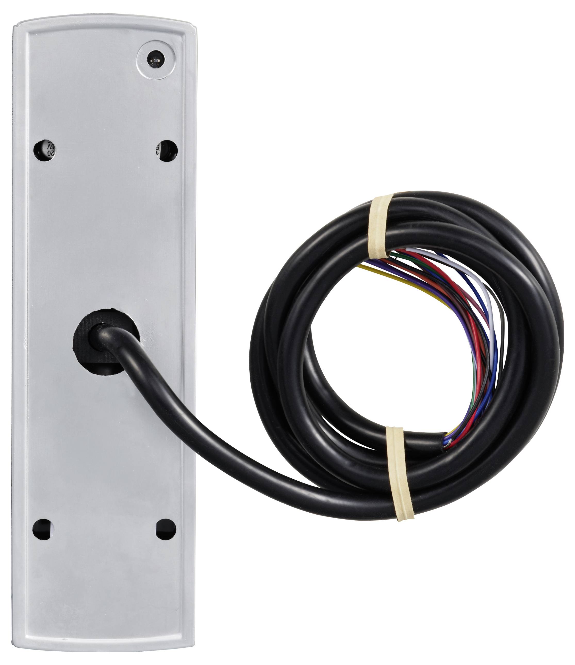 Metal plate with a protruding black cable bundle containing coloured wires.