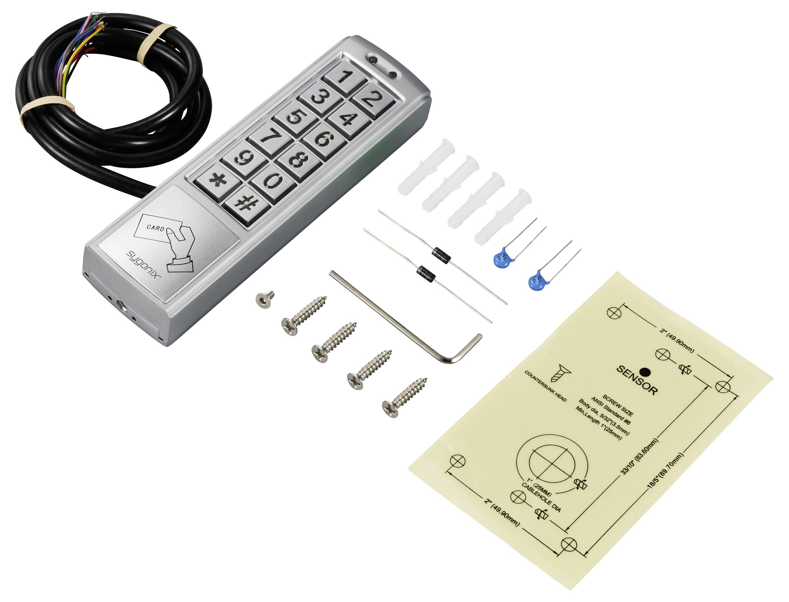 An installation kit with a numeric keypad, screws, sensors, and a connection cable. Instruction sheet included.