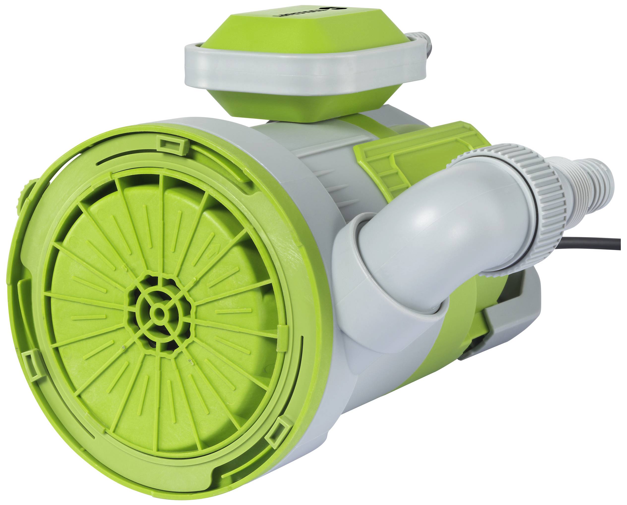 Green and grey pool filter with a round housing and pipe connections, suitable for small to medium-sized swimming pools.