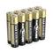 Ten stacked AAA alkaline batteries with 'Ansmann' printed on them, primarily in black and gold.