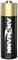 Black and gold battery, standing upright, with white brand logo on the front. The positive terminal is visible at the top.