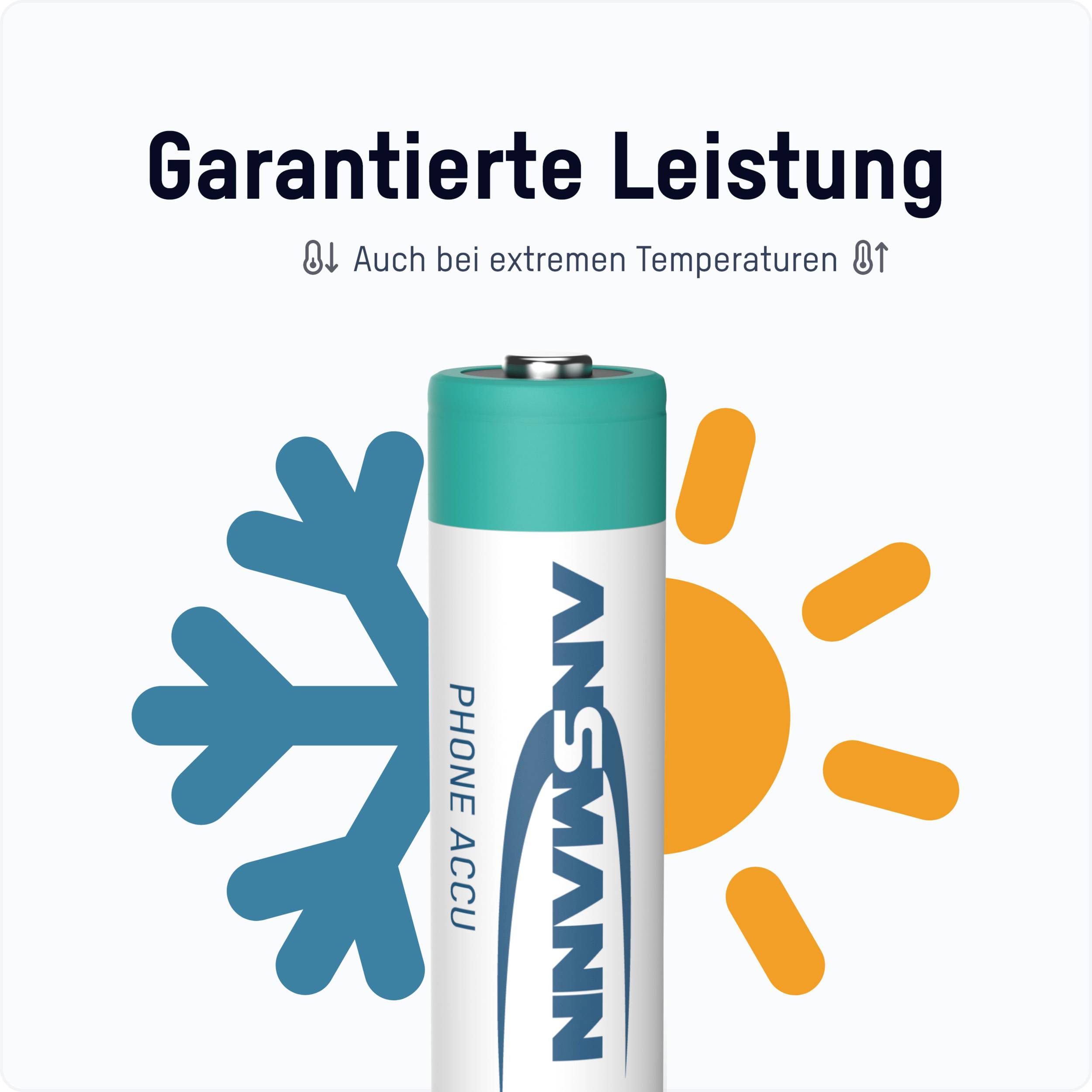 Battery with the inscription 'ANSMANN PHONE ACCU'. In the background a snowflake and sun, text: 'Guaranteed performance even at extreme temperatures'.
