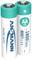 'Two rechargeable AA batteries, type HR6, 1.2V, 1800 mAh, standing vertically with a turquoise tip and inscription "ANSMANN PHONE ACCU".'