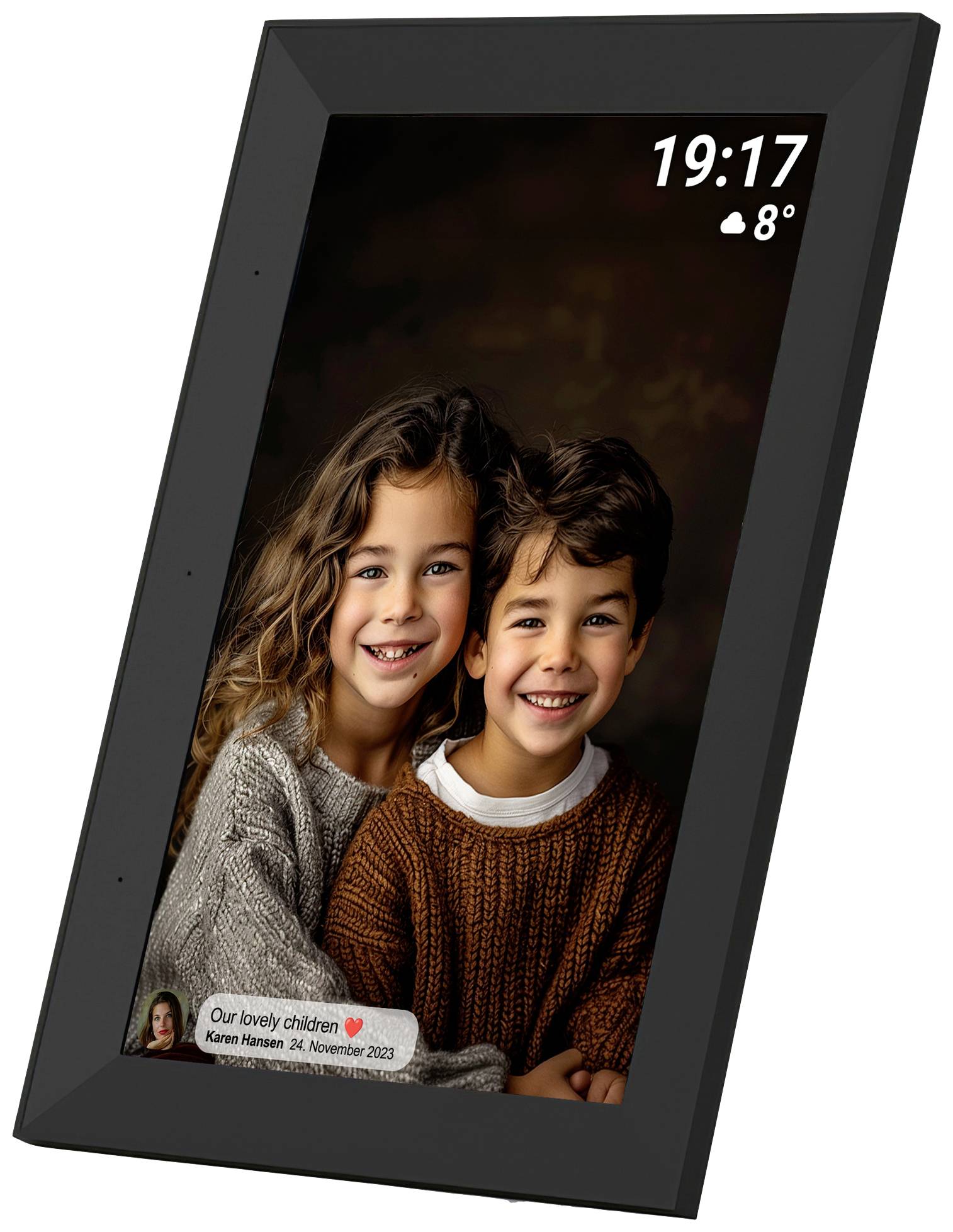 Child photograph in a black frame. Two children are smiling at the camera. Top right shows time '19:17' and temperature '8°C'.