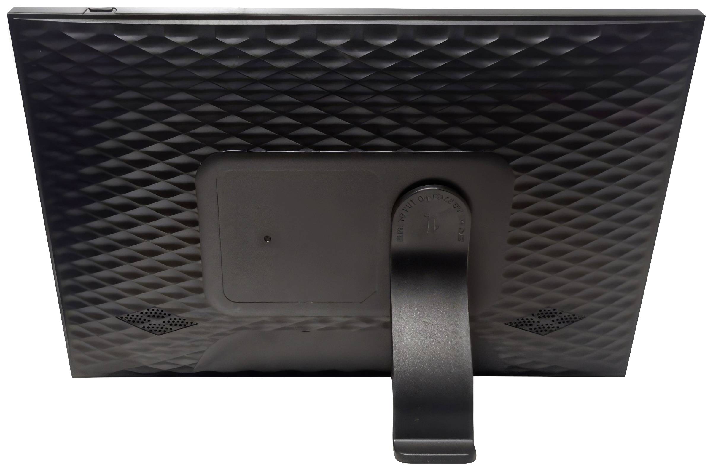 The rear screen of a monitor with a textured surface and stable stand.