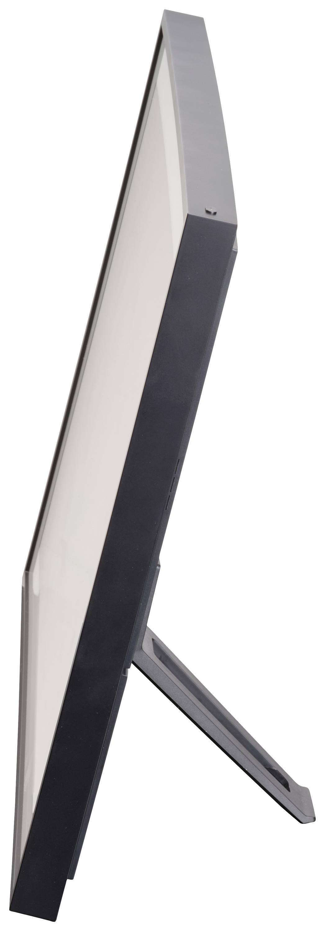 Side view of a slim monitor on a stand with a black frame